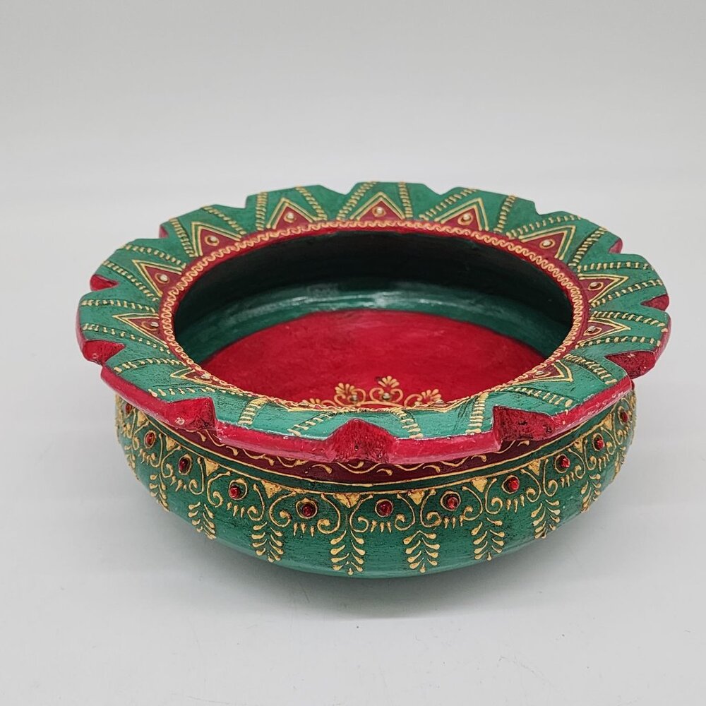 Indian Terracotta Uruli Bowl Emerald Green Colorful Jeweled Bohemian Decor 9" Bo - Picture 2 of 12